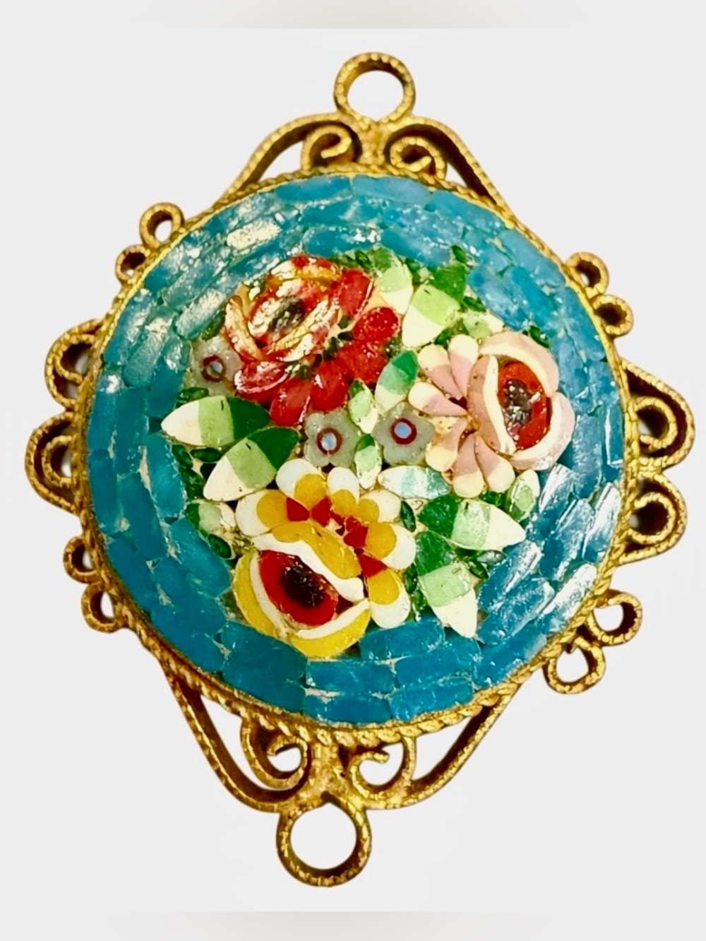 Antique Italian Micro Mosaic Floral Brooch Pendant Turquoise Gilt Filigree Italy
